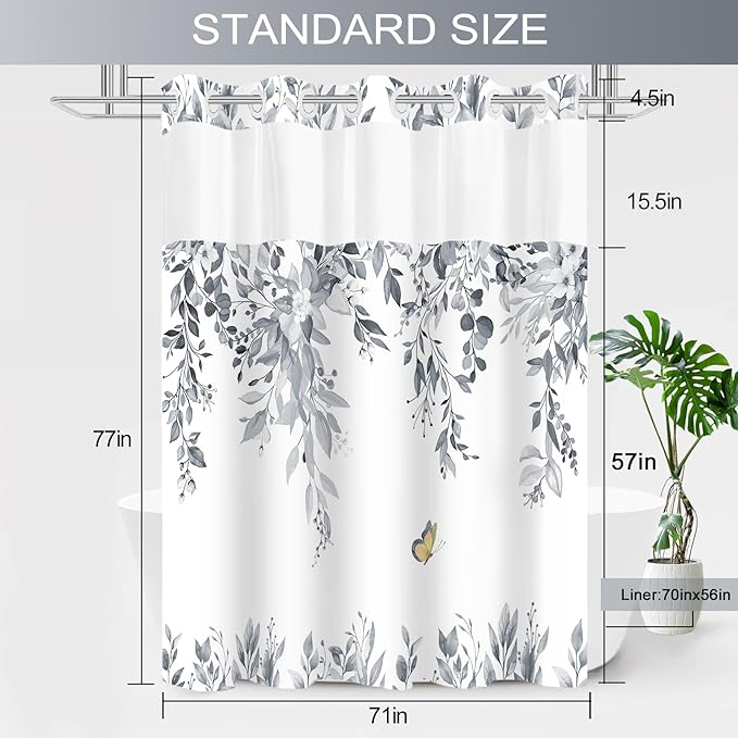 No Hook Shower Curtain and Liner Set, Blue Grey Eucalyptus Floral Shower Curtains for Bathroom, Bath Curtain Sets with Snap in Liner, Waterproof with See Through Top Window, 71x77 Inches
