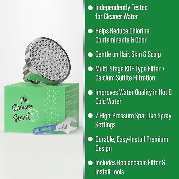 Lab Tested Chlorine Reducing Filtered Shower Head For Improved Hair & Skin. Great For Dry Itchy Skin, Dandruff, Eczema. Multi Stage Calcium Sulfite Filter. 7 Spray Spa Setting. Filter For Hard Water