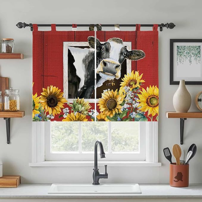 Cows Sunflowers Kitchen Curtains 45 Inch Length, Short Cafe Window Curtains Tab - Image 3