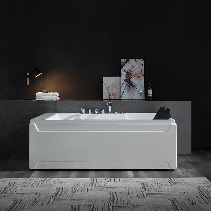 Empava 72" x 48" Whirlpool Tub, 2 Person Jetted Bathtub, Hydro Massage & Chromatherapy [ETL Certified], 3 Sided Apron, Acrylic , 1125 Watt, 110 Gallons, Left Drain