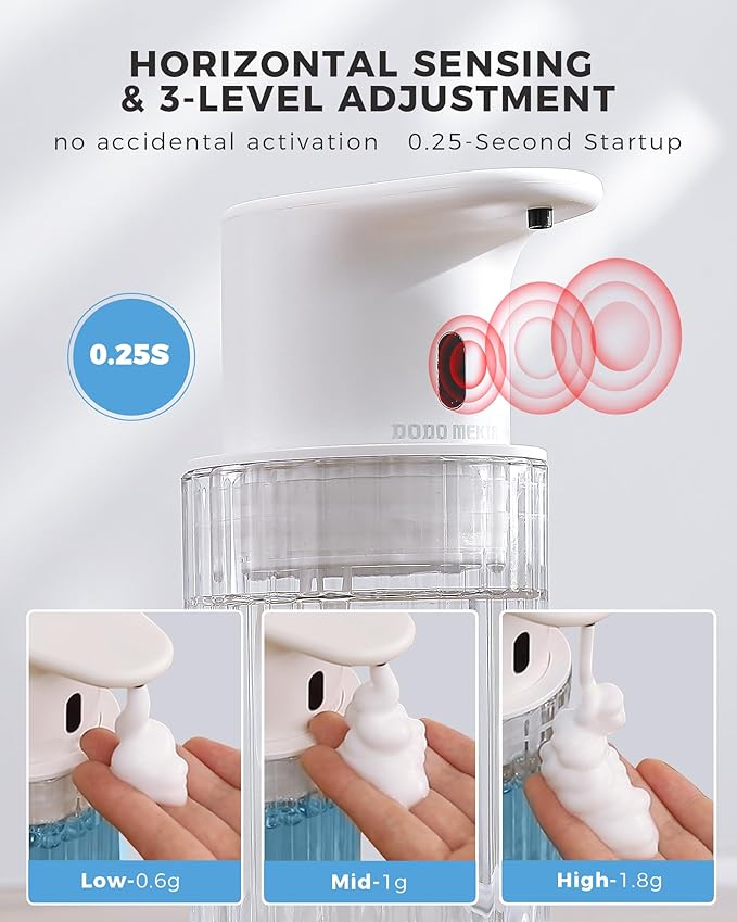 Automatic Foaming Soap Dispenser Touchless, 10oz/300ml Rechargeable, 3 Adjustable Foam Levels, IPX7 Waterproof, for Kitchen Bathroom, White