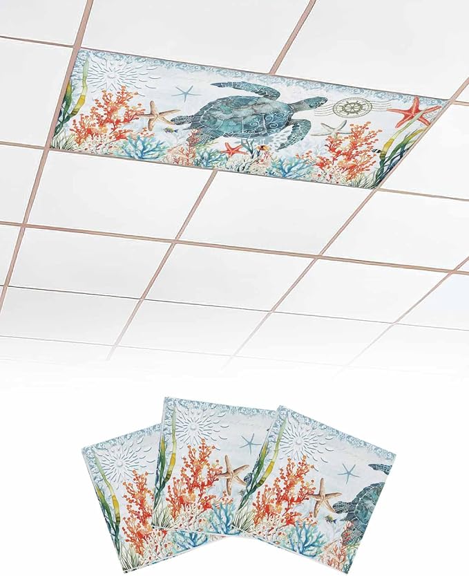3 Pack Teal Blue Sea Turtle Fluorescent Light Covers Coastal Ocean Coral by Unknown