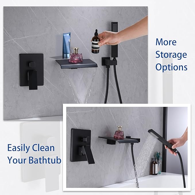 Taplong Wall Mount Tub Faucet with Waterfall Tub Spout Wall Mounted Tub Filler with Handheld Sprayer Black Bathtub Faucet Solid Brass Single Handle Shower Faucet Set with High Flow Rough in Valve