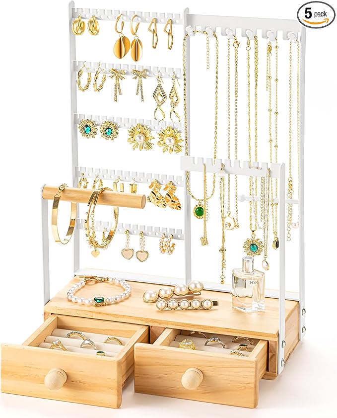 DreamGenius Jewelry Organizer Stand with 2 Velvet Ring Holder Drawers, 5 Tier Jewelry Holder Organizer with 11 Hooks for Necklaces and 145 Holes for Earrings, White