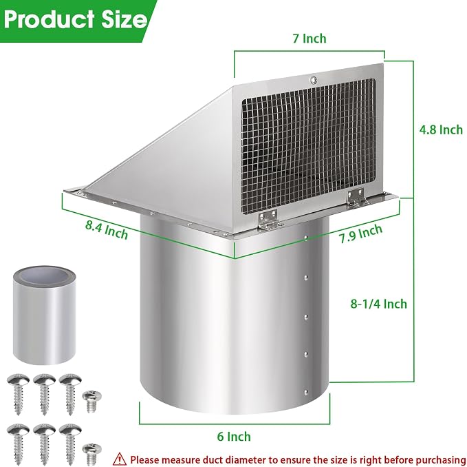 6 Inch Hooded Wall Vent with Screen and Damper, 6 Inch Exhaust Vent Cover Cap - Image 2