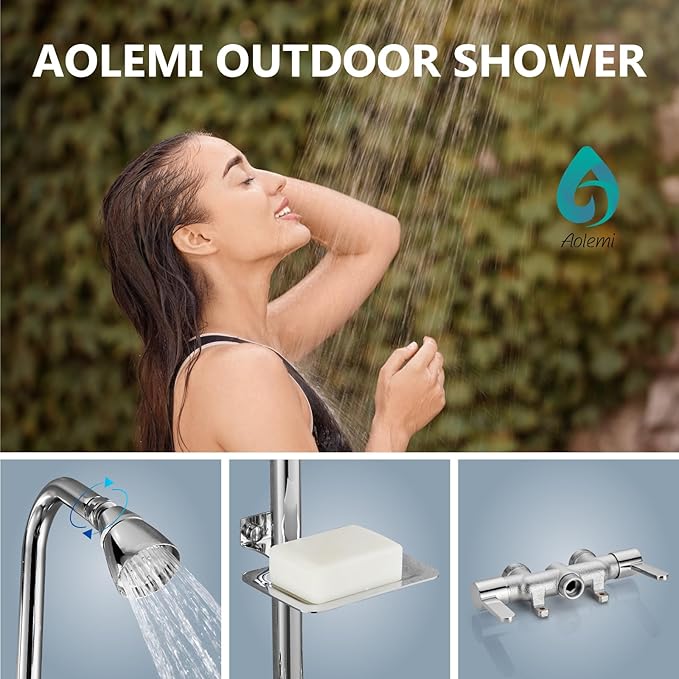 Aolemi Outdoor Shower Fixtures,Outdoor Shower Kit Faucet System 3 Inch Center with Showerhead 2 Handle Exposed Shower with Brass Mix Valve Pipe Downward with Soap Dish Polish Chrome