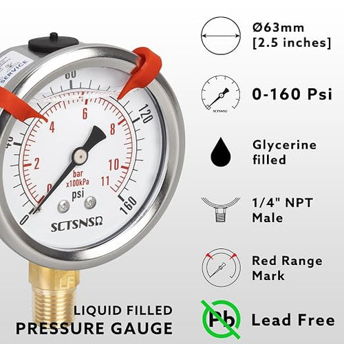 0 to 160 Psi Lead-Free Pressure Gauge, Glycerin Liquid Filled, 2.5 inch Dial - Image 2
