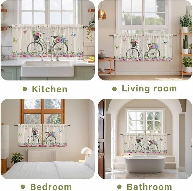 Farmhouse Spring Tier Curtains, Retro Bicycles Flowers Vines Butterfly Light - Image 8