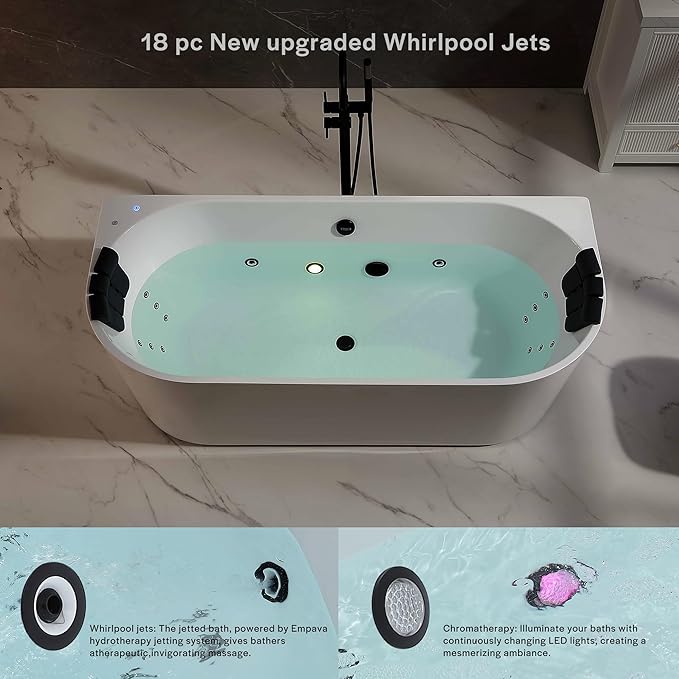 Empava Update Acrylic Whirlpool Bathtub, 71-Inch Freestanding Gracefully Oval Shaped Jetted Bathtub with Healing Chromotherapy, 18 Hydromassage Jets, Single-Ended Bathtubs, Black Nozzles
