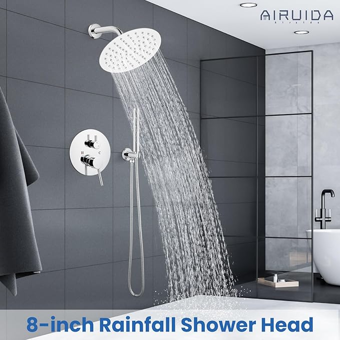 Airuida Shower Fixtures 2 Functions Shower Faucet Set Wall Mounted for Bathroom High Pressure Brass Handheld Shower with Rough-in Valve Round Rainfall 8 Inch Shower Head Chrome Polish