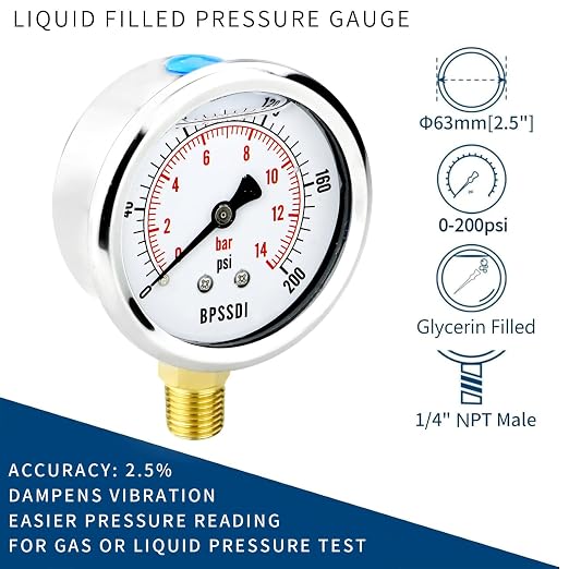 0-200 Psi Glycerin Liquid Filled Low Pressure Gauge, 2.5" Dial Size, 1/4" G - Image 2