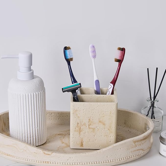Natural Travertine Textures Toothbrush Holders for Bathroom, Electric Toothbrush and Toothpaste Holder 3 Slots Tooth Brush Organizer for Bathroom Countertop, Shower, Vanity
