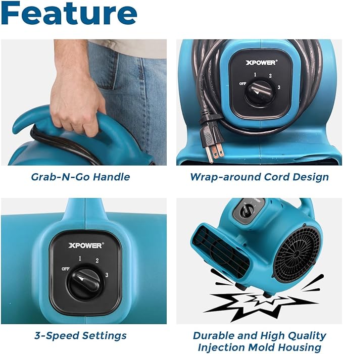 XPOWER P-80 Mini Utility 600 CFM Centrifugal Air Mover, Floor Fan, - Image 4