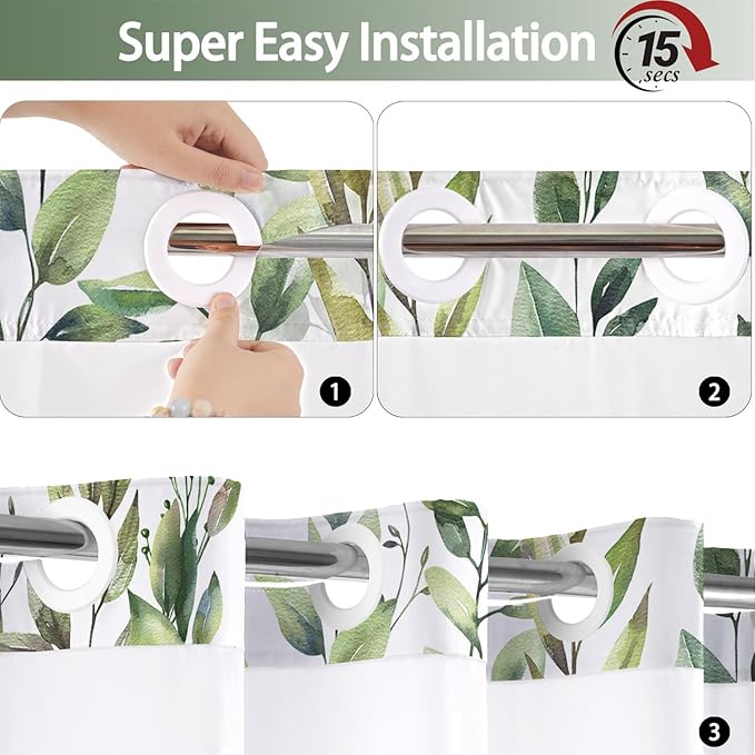 No Hook Shower Curtain and Liner Set, Sage Green Eucalyptus Floral Shower Curtains for Bathroom, Bath Curtain Sets with Snap in Liner, Waterproof with See Through Top Window, 71x77 Inches