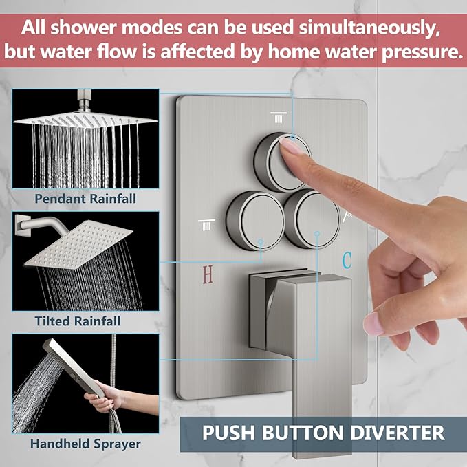 Aolemi Shower Faucet Set Ceiling Mount Shower System Rough-in Valve and Shower Trim Kit 16 and 6 Inch Dual Shower Head 2 in 1 Handheld Spray Push Button Diverter Brushed Nickel