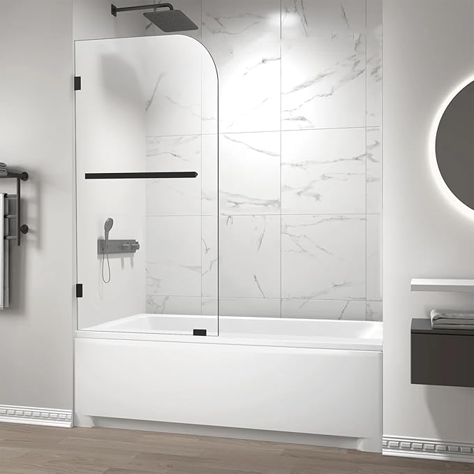 Bathtub Shower Door, 34" W X 58" H Fixed Bathtub Shower Glass Panel in Matte Black, 1/4"(6mm) Clear Tempered Frameless Shower Glass Door, Tub Shower Panel with Clamps and Handle