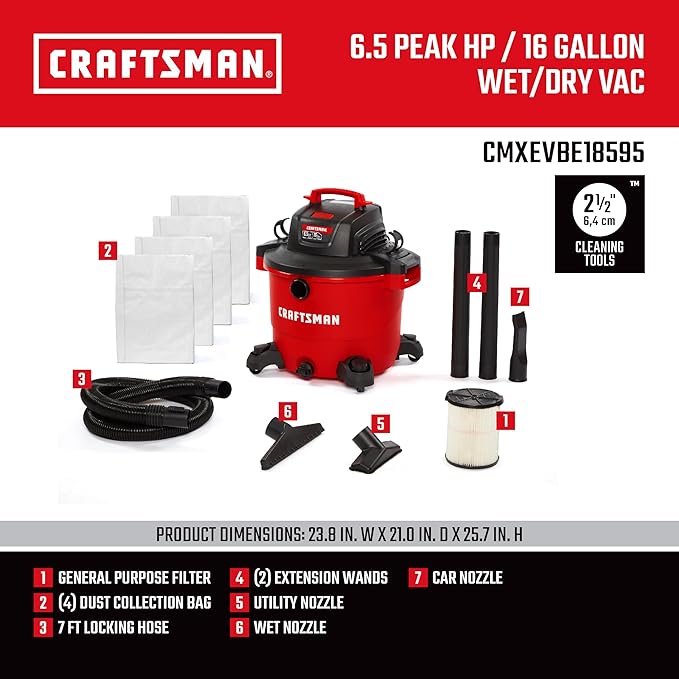 CRAFTSMAN CMXEVBE18595 16 Gallon 6.5 Peak HP Wet Dry Vac, Heavy-Duty Shop - Image 3