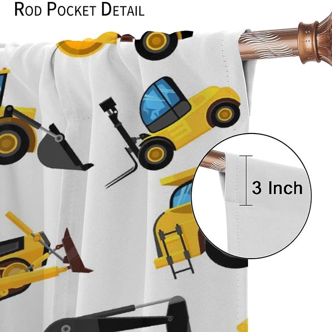 Kids Construction Equipment Window Curtains, Excavator Tractor Tow Truck Rod - Image 6