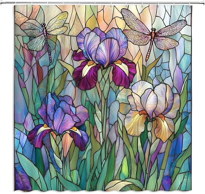 Stained Glass Shower Curtain Artistic Iris Dragonfly Purple Floral Green Leaves Abstract Nature Plant Spring Summer Modern Botanical Fabric Bathroom Decor Curtains with Hooks,47 x 70