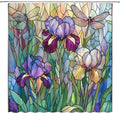Stained Glass Shower Curtain Artistic Iris Dragonfly Purple Floral Green Leaves Abstract Nature Plant Spring Summer Modern Botanical Fabric Bathroom Decor Curtains with Hooks,70 x 75