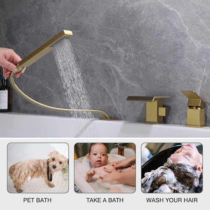 TapLong Roman Tub Faucet Waterfall Tub Filler Waterfall Deck Mount Bathtub Filler Faucet with Sprayer 3 Hole Widespread Tub Filler Deck Mount Solid Brass Brushed Gold, 02763BG