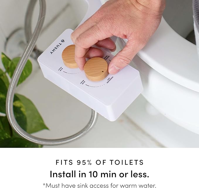 TUSHY Spa Self-Cleaning Warm Water Toilet Bidet Attachment. Adjustable Nozzle, Angle & Pressure Control. Easy DIY Home Install, Requires Sink Access for Optional Warm Water Control. (Biscuit/Platinum)