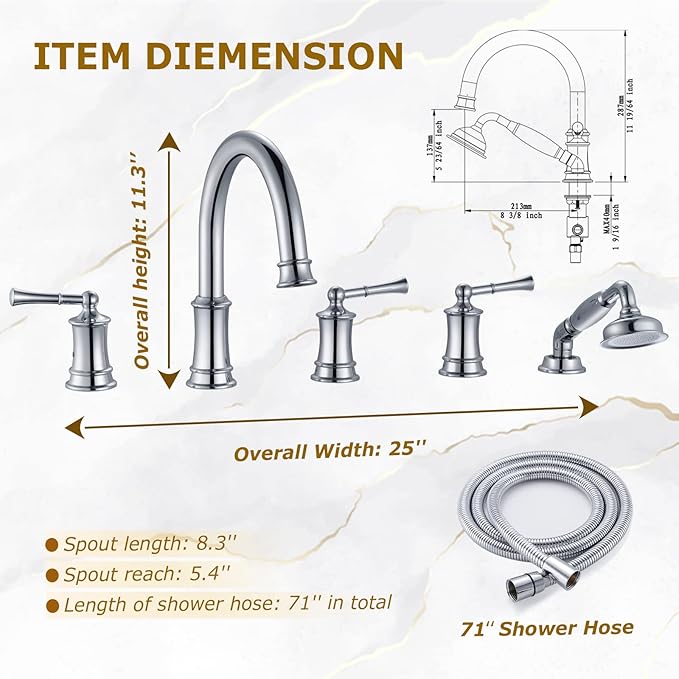 Roman Tub Faucet with Hand Shower, Antique Tub Shower Faucet Set with Valve for 5 Hole, Deck Mount 3 Handle Bathtub Filler High Flow, Polished Chrome(B2309-CP)