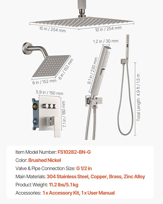 VEVOR Shower Faucet Set, 10 Inch Ceiling Mount Rainfall Shower System with 6 Inch Wall Mount Head and 2 in 1 Handheld Spray, Rotatable 3-Function Dual Rain Head Brass Valve & Trim Kit, Brushed Nickel