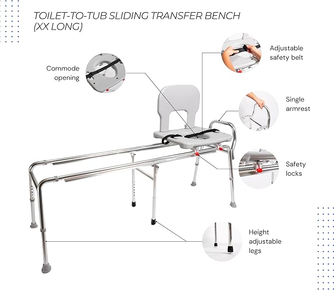 Eagle Health Supplies Toilet-to-Tub Transfer Bench with Cut Out Seat, FSA/HSA Eligible Sliding Shower Chair for Elderly and Disabled, Height Adjustable Shower Seats for Adults Inside Shower, 77993