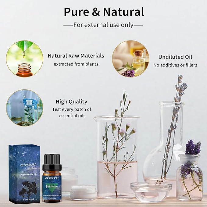 BURIBURI Rose Oil and Jasmine Essential Oil, 2Pcs 100% Pure Aromatherapy Rose Essential Oil Gift Set for Diffuser, Massage, Soap Candle Making