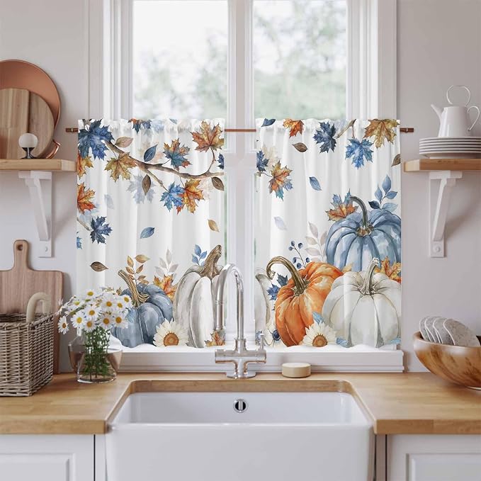 Navy Blue Pumpkin Fall Kitchen Curtains 45 Inch Long 2 Panel Set, Rod Pocket by Unknown