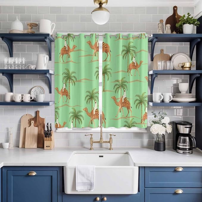 2 Panel Kitchen Cafe Curtains, Desert Camels Sunlight Filtering Nature Air - Image 2
