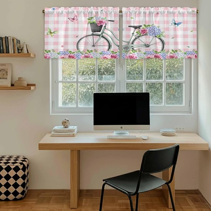 Spring Tier Curtains, Bicycles Leaves Butterfly Flowers Pink Buffalo Plaid - Image 6