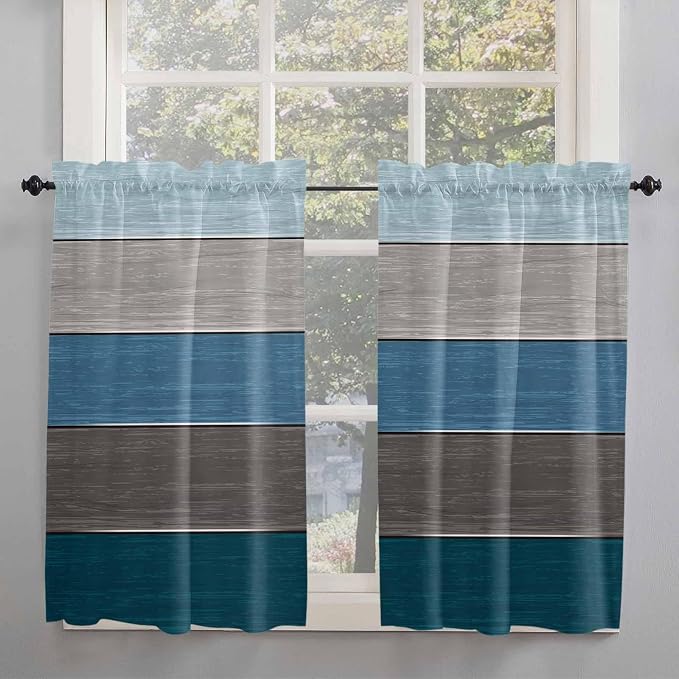 Retro Farm Blue Gray Wood Grain Window Valance Curtains, Rustic Wooden Plank by IDOWMAT