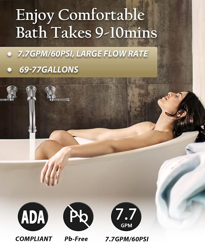 Wall Mount Tub Filler with Rough-in Valve, High Flow Brass Roman Tub Faucet 2 Handle Wall Mounted Bathtub Faucet 360° Swivel Spout, Brushed Nickel(B2306-BN)
