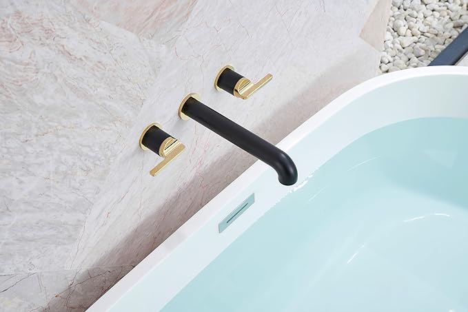 SITGES Polished Gold and Black Solid Brass Wall Mount Bathtub Faucet,10" High Flow Wall Mount Tub Filler with Two Lever Handles,High-End Design with Rough-in Valve Included