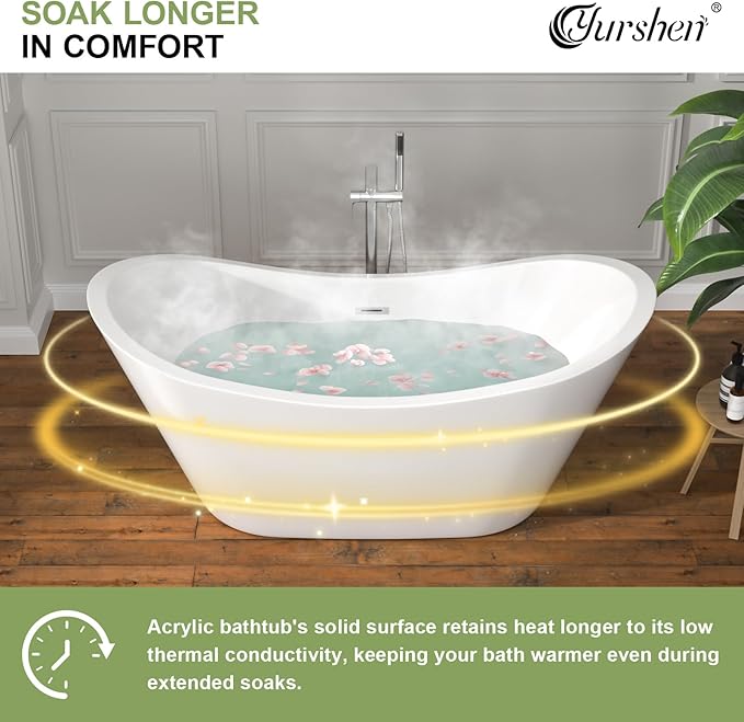 59" Freestanding Acrylic Bathtub – White Double Slipper Soaking Tub with Chrome Drain & Overflow, Glossy Finish for Modern Bathrooms #YSB9210
