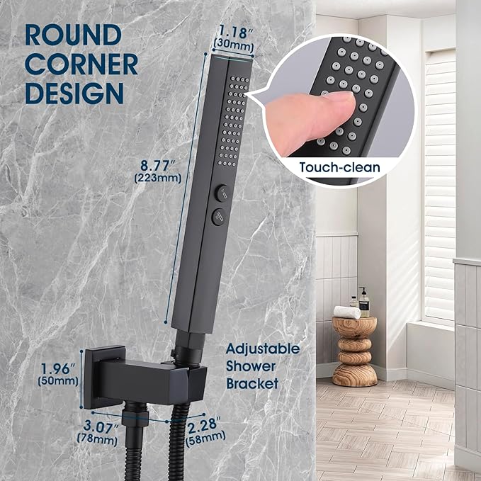 All-Metal High Pressure Square Handheld Shower Head with Jet Spray and Rainfall Modes, Volume Control Regulator, ON/OFF Switch, Hose and Wall Mounted Adjustable Bracket, Matt Black Color