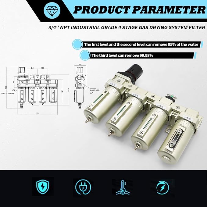 3/4" NPT Industrial Grade 4 Stage Gas Drying System, Coalescing Filter - Image 2