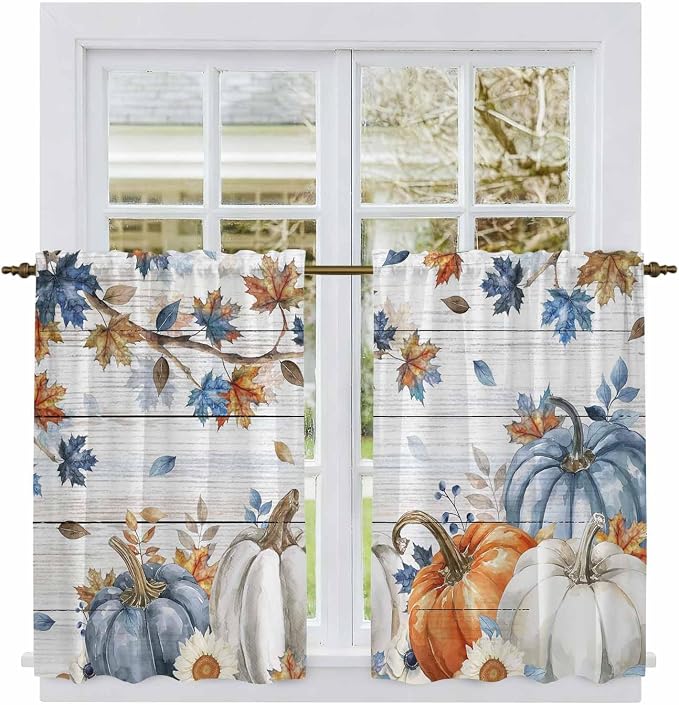 Thanksgiving Pumpkin Kitchen Tier Curtains 45 Inch Long 2 Panel Set, Rod Pocket - Image 2