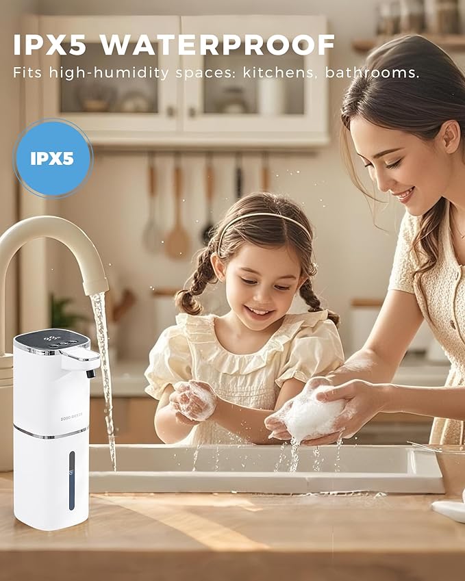 Automatic Liquid Soap Dispenser, 12.8oz Rechargeable, Adjustable Liquid Levels, IPX5 Waterproof, Touchless & Wall/Tabletop Use for Kitchen Bathroom, White