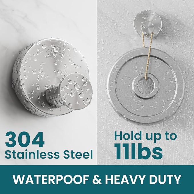 TAILI Stylish 304 Stainless Steel Bathroom Suction Hooks for Towel, Bathrobe, Loofah, No Damage Hanging Glass Shower Wall Hook, Patented Strong Suction Cup Holder, Hold Up to 11 Lbs, O-Cylinder Silver