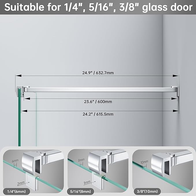 Frameless Shower Door Support Bar, Stainless Steel Wall-to-Glass Support Arm to Fixed Shower Glass Panel, for 1/4"-3/8" (6-10 mm) Door, 180° Pivot & Stow-Flat Mode (Chrome, 23.6-inch(600mm))