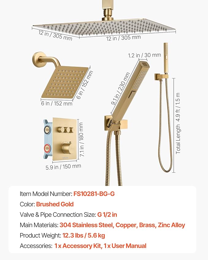 VEVOR Shower Faucet Set, 12 Inch Thermostatic Ceiling Mount Rainfall Shower System with 6 Inch Wall Mount Head and 2 in 1 Handheld Spray, 3-Function Dual Rain Head Brass Valve Trim Kit, Brushed Gold