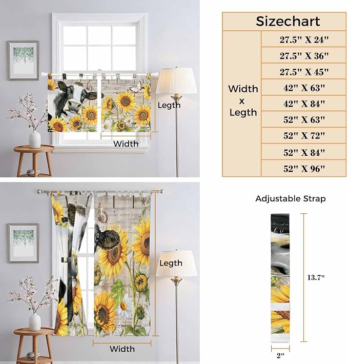 Yellow Sunflowers Kitchen Curtains 45 Inch Length, Short Cafe Window Curtains - Image 8