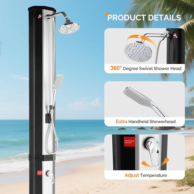 VINGLI Solar Heated Shower,2-Section with Shower Head and Foot Shower Tap，for Outdoor Backyard Poolside Beach Pool Spa,Black (16 Gallon- Sliver&Black Surface)