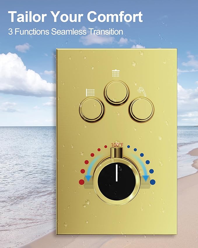 Thermostatic Shower System, Dual Rainfall Shower Heads for Ceilling & Wall Mounted with Handheld Sprayer, Brushed Gold
