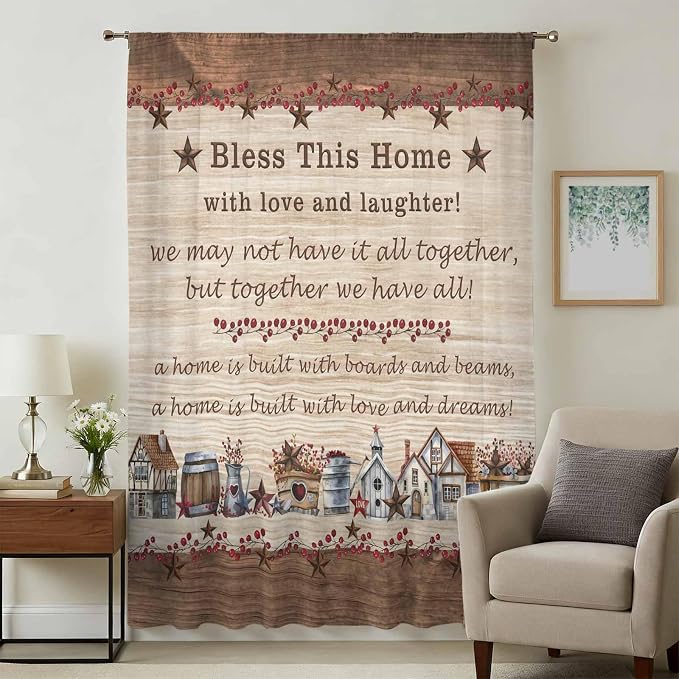 Farmhouse Sheer Curtains 96 Inch Length Brown Country Star Berry Vintage Wood - Image 3