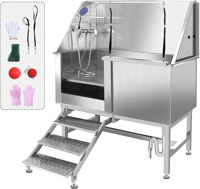 50 Inch Stainless Steel Dog Washing Station, Professional Grooming Tub with Stairs for Large Dogs, Home Bathtub for Pets with Hot & Cold Faucet