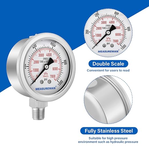 MEASUREMAN Pressure Gauge, 0-1000 PSI/kPa, Glycerin Filled, 1/4 NPT Lower Mount - Image 5